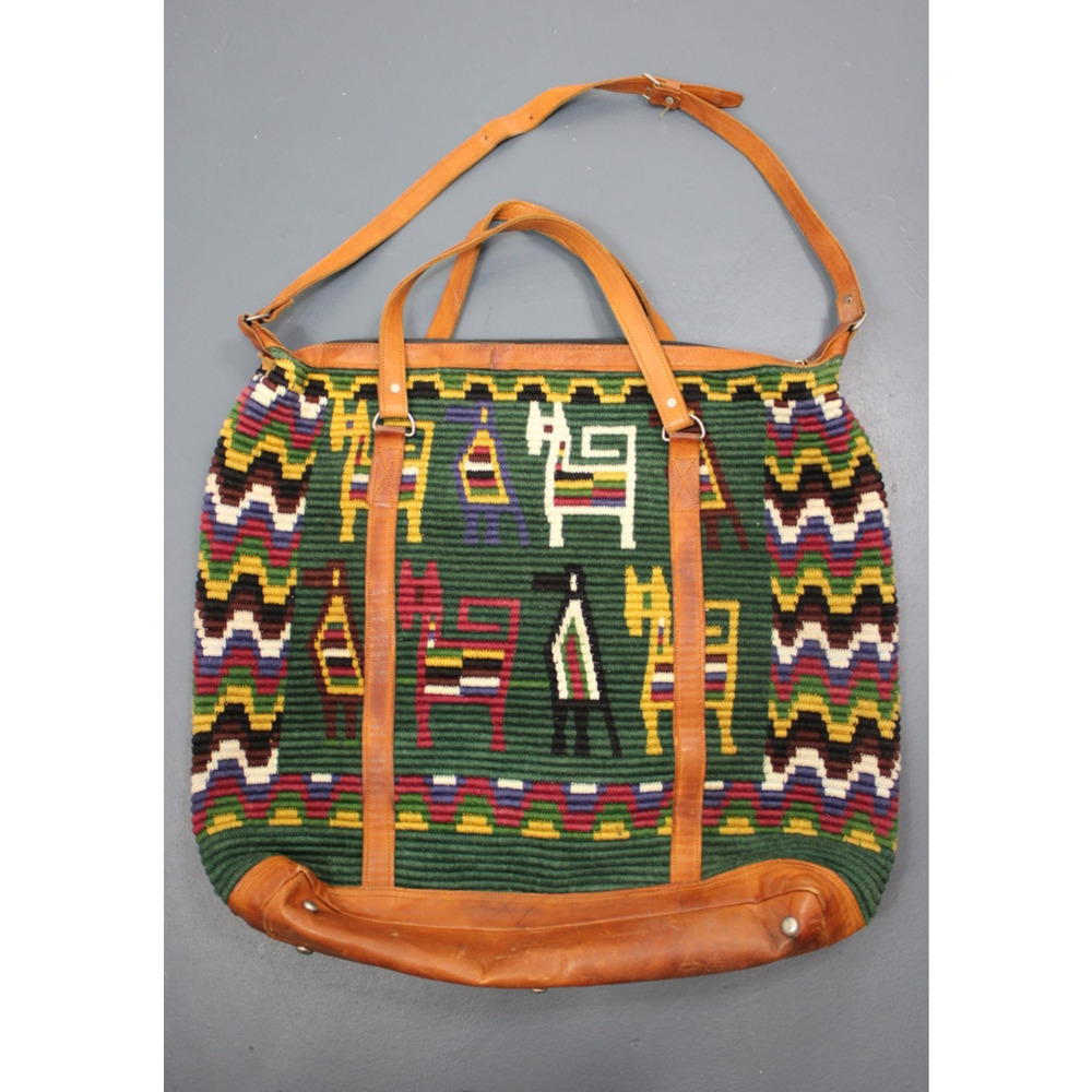 Vintage Handmade Woven Tote Bag Leather Trim Boho Guatemala Alpaca Wool Travel - Picture 8 of 14